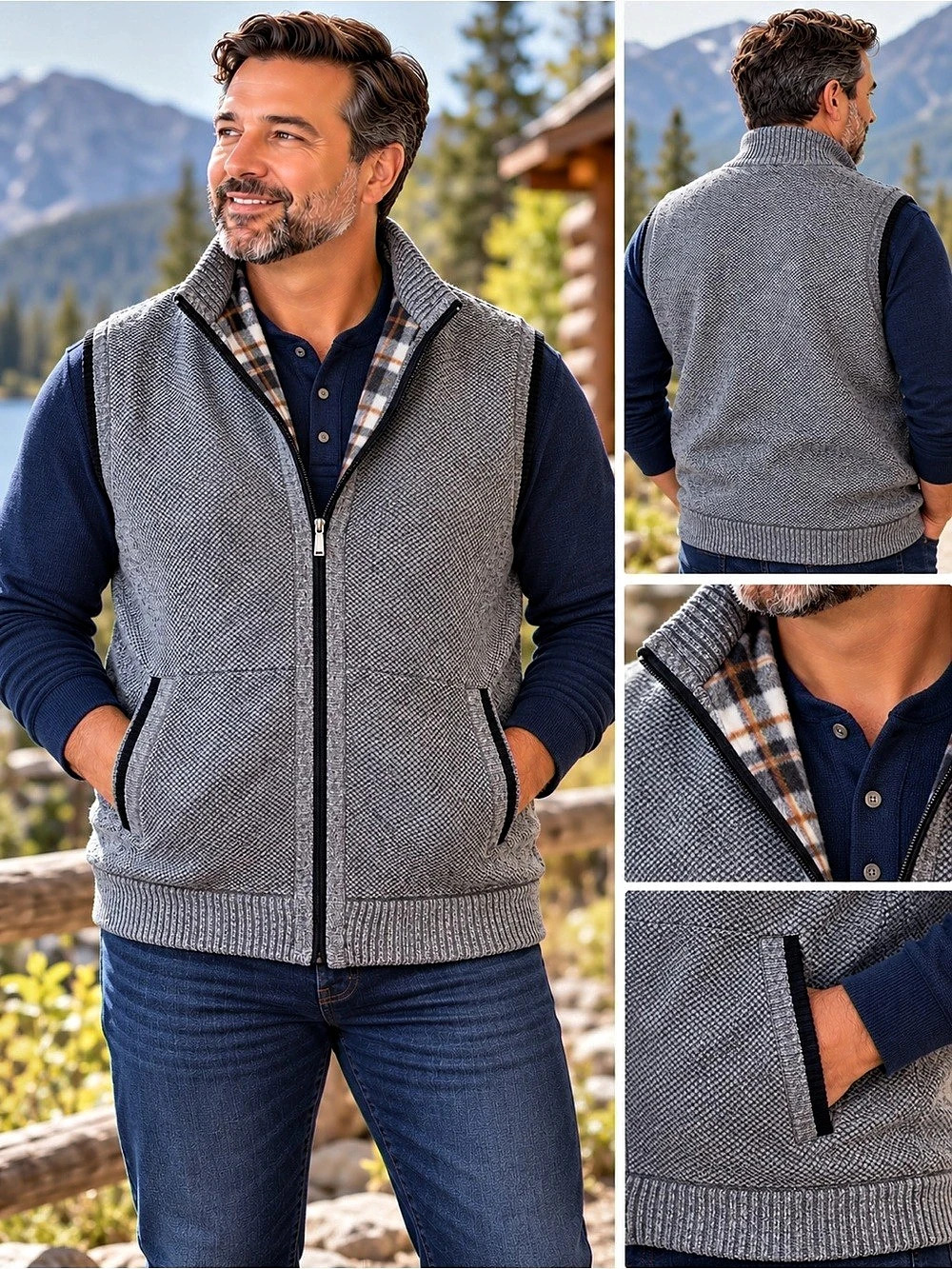 Men’s Gray Knit Fleece Lined Full Zip Sweater Vest XXL Approx. w/Pockets